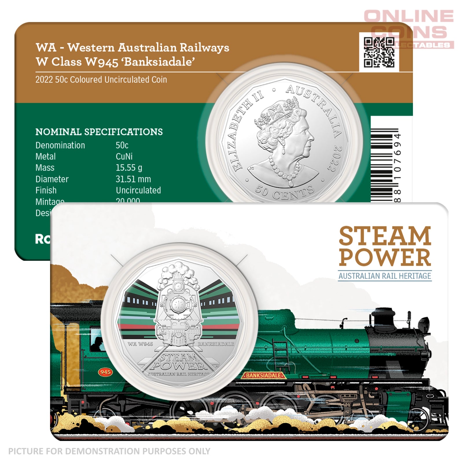 2022 50c CuNi Coloured Uncirculated Carded Coin – WA Western Australian Railways W Class W945 'Banksiadale'
